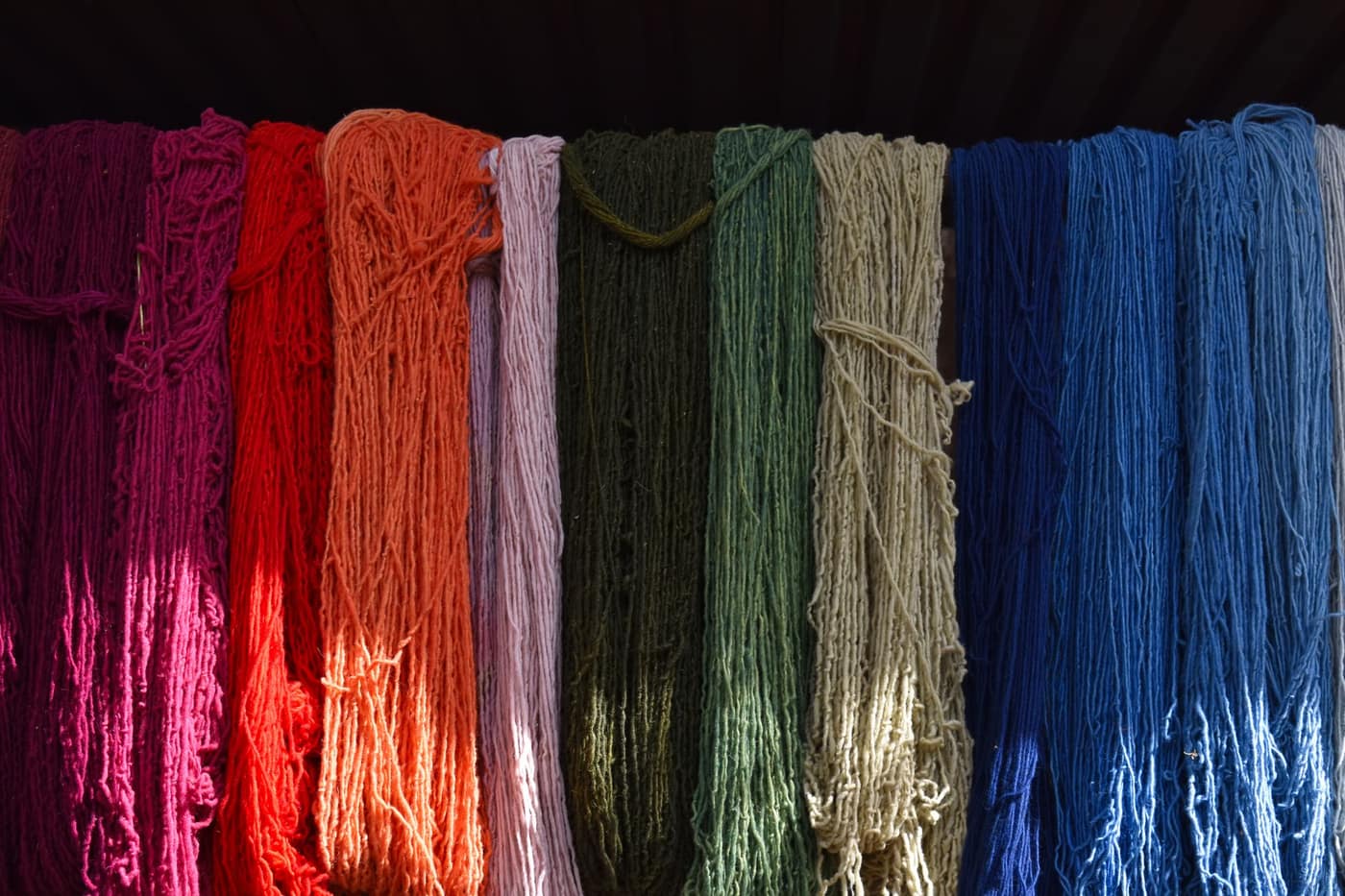 Skeins of brightly colored yarn hanging in natural light