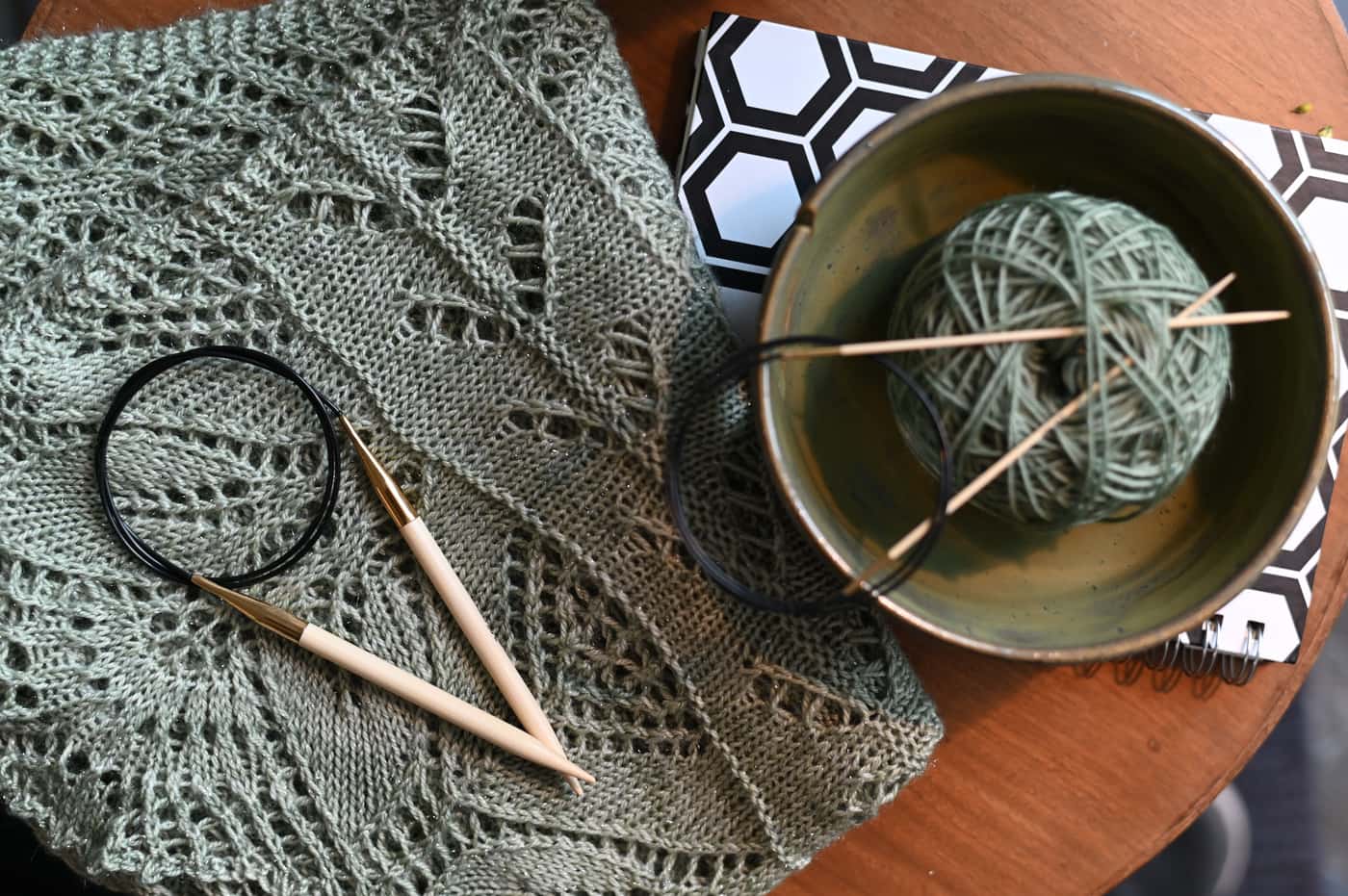 Lightweight bamboo circular needles resting on a small knitted piece