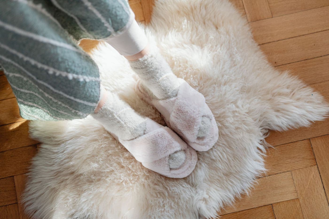 A pair of warm slippers resting on a plush rug